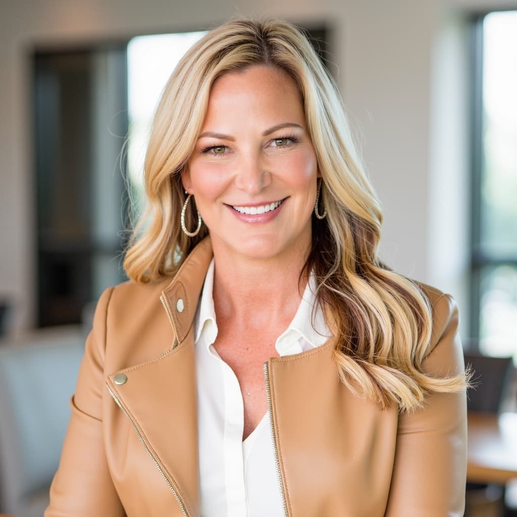 Allison Gaddy in a tan leather jacket, photographed in warm natural light