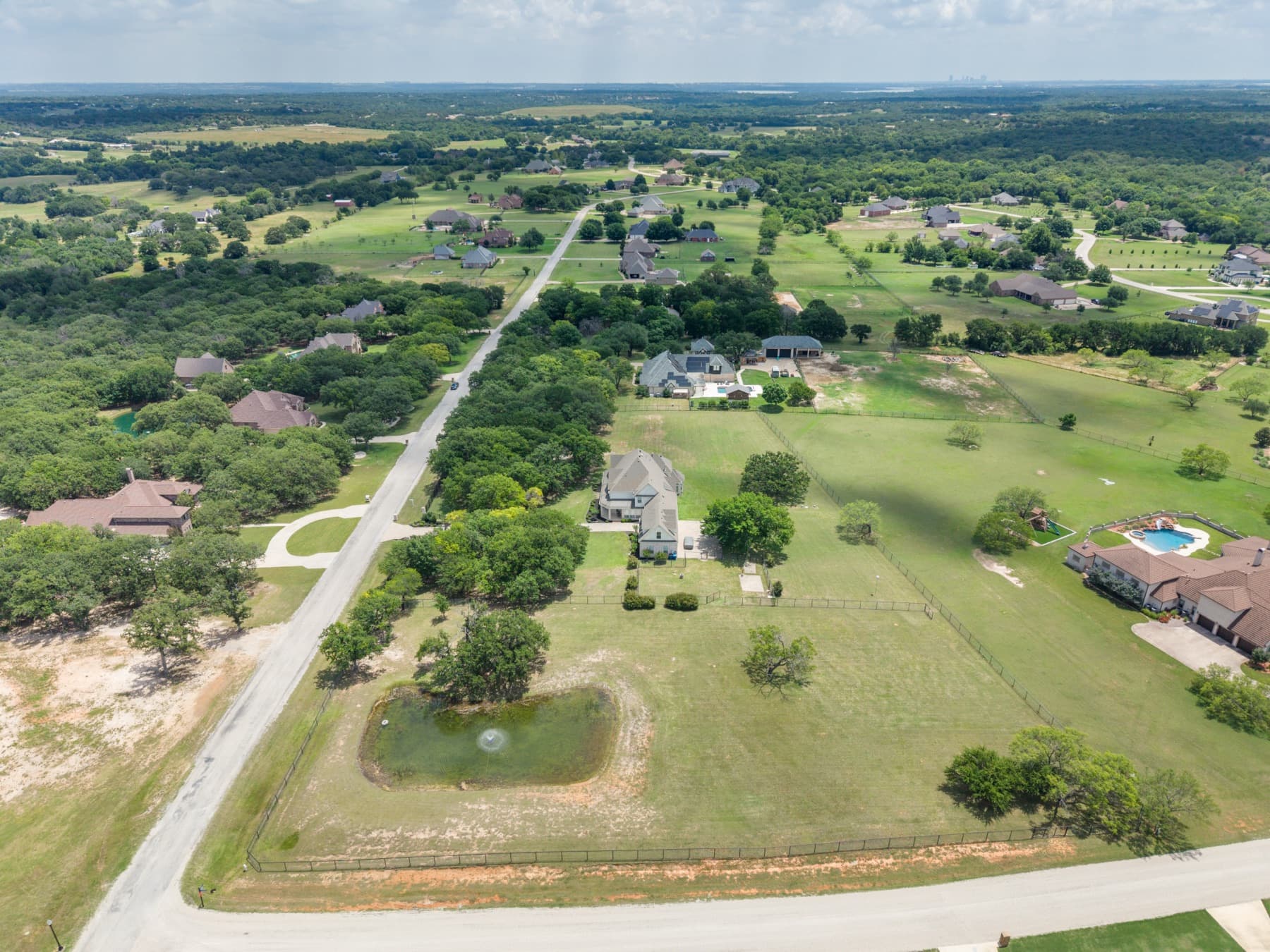 Aerial view of a North Dallas estate with the skyline beyond